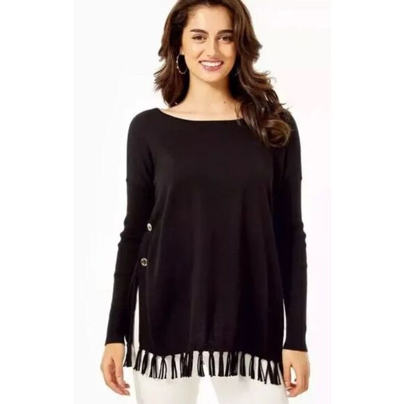 Beautiful Lilly Pulitzer Ramona Fringe Sweater Black Gold Buttons Cotton Blend S - Picture 5 of 16